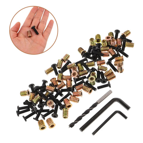 Wood Threaded Inserts And Nuts Kit With Bolts And Hex Wrenches And Drill Bit for DIY wood assembly, shown with hand for size.