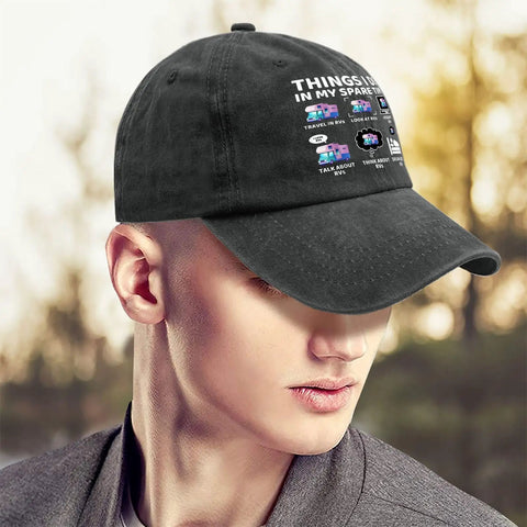 Casual RV Camper Hat For Women With Funny Things I Do In My Spare Time, Soft Washed Distressed Look, on model outdoors.