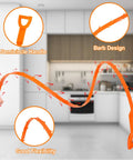 Flexible orange 25 inch drain snake with barb design and semicircle handle, used for clearing clogs in sinks and bathtubs.
