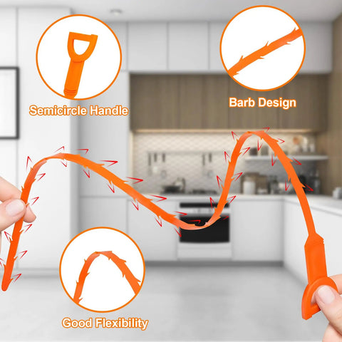 Flexible orange 25 inch drain snake with barb design and semicircle handle, used for clearing clogs in sinks and bathtubs.