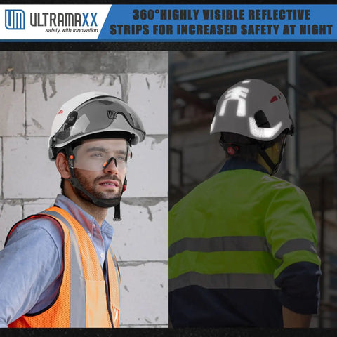 Man wearing Hard Hat With Built-In Visor And Vented Design, 4-In-1 Protection Set, showing reflective strips for night safety.