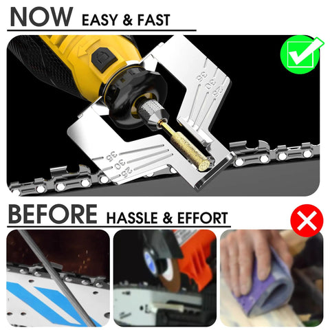 Beast Mode Electric Chainsaw Sharpener Kit with Nine Grinding Heads and Precision Guide Plate sharpening a chain