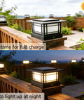 Boss Tier 4X4 Solar Post Cap Lights With Slick Black Shield And Dual Tone LED Panels for fence charging in daylight and illuminating at night.