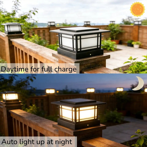 Boss Tier 4X4 Solar Post Cap Lights With Slick Black Shield And Dual Tone LED Panels for fence charging in daylight and illuminating at night.