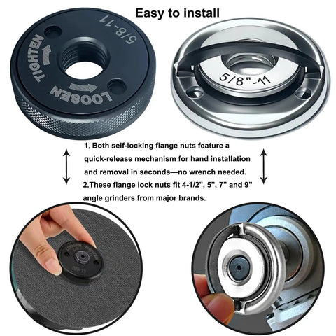 Two Pack 5/8-11 Angle Grinder Flange Nuts With No-Fuss Quick Release Self Locking Knurled Arbor Nut And Silver D Ring For Grinders