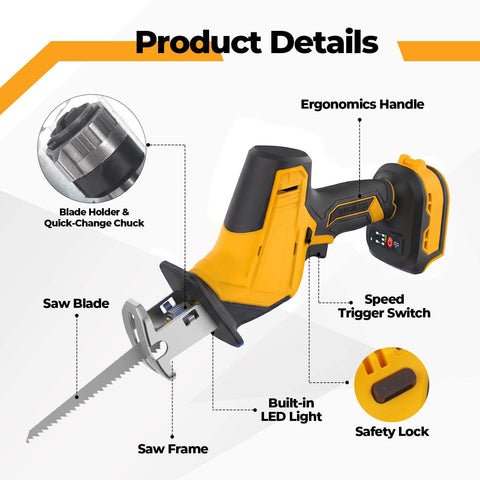 Cordless Reciprocating Saw With Brushless Motor Compatible With 20V Max Batteries No Battery Included Sawzall For Wood Metal PVC Cutting 4 Blades Included Powerful Yet Lightweight For DIY Enthusiasts showing ergonomic handle and features