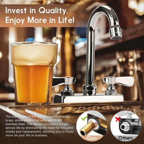 Commercial Bar Sink Faucet With Four Inch Center Deck Mount And Three And A Half Inch Gooseneck Swivel Spout, shown with glass of beer