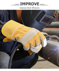 Tough As Nails Cowhide Split Finger Welding Gloves For Men, Heat Resistant Yellow Work Gloves With Serious Burn Protection, Rock Solid Industrial And Auto Repair Safety Gear, Two Pack in use during welding.