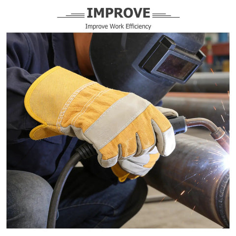 Tough As Nails Cowhide Split Finger Welding Gloves For Men, Heat Resistant Yellow Work Gloves With Serious Burn Protection, Rock Solid Industrial And Auto Repair Safety Gear, Two Pack in use during welding.