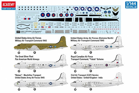 1 144 Scale C-54 Skymaster WWII Era Transport Aircraft Model Kit with 6 marking options decal sheet and aircraft profiles