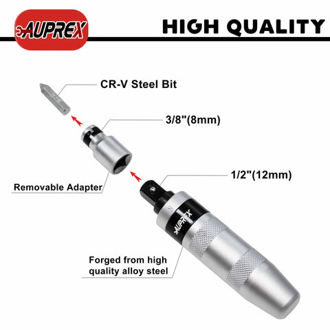 Manual Impact Driver Set One Half Inch Reversible Hand Impact Tool with Twelve CR-V Bits for rusted fasteners and bolts.
