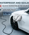 Universal Magnetic EV Charger Port Cover For Outdoor All Weather Dust Rain Snow Protection Waterproof Seal fitted over an EV charging port in rain.