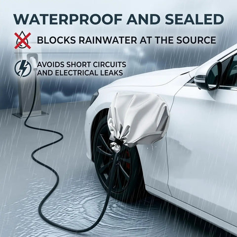 Universal Magnetic EV Charger Port Cover For Outdoor All Weather Dust Rain Snow Protection Waterproof Seal fitted over an EV charging port in rain.