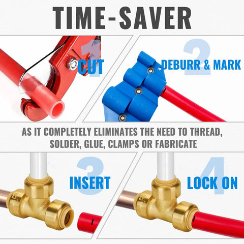 Steps for using 1/2 Inch Push-Fit Fittings Bulk Pack No Lead Brass Elbow 90 Degree and Tee for PEX Copper CPVC