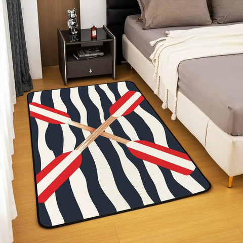 Rowing Oar Nautical Area Rug 5x7 Ocean Theme For Living Room Navy Blue Striped Geometric Pattern Decorative Rug on bedroom floor