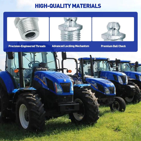 245 Piece Grease Fitting Assortment Kit With SAE And Metric Zerk Fittings displayed with tractors in field.