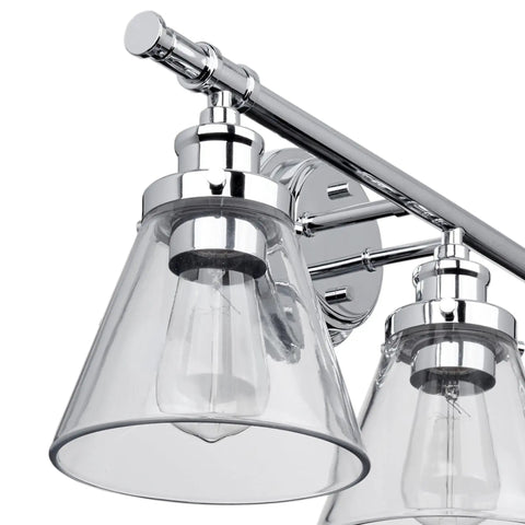 All-In-One Chrome Bathroom Set With 23 Inch 3-Light Vanity Wall Light And Clear Glass Shades close-up view of light fixture