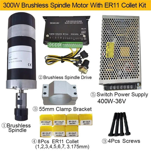 Beefy 300W CNC Brushless Spindle Air Cooled 36V 12000 RPM With Hall Sensor ER11 Collet 52mm Clamp Bracket Power Supply Kit