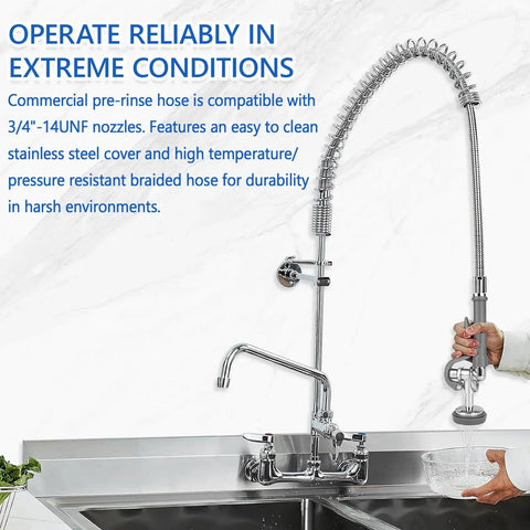 44 Inch Commercial Sink Sprayer Hose With Universal One Half Inch NPSM Female, Stainless Steel, on a kitchen sink setup