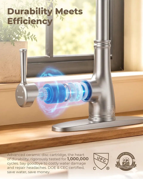 Vintage Kitchen Faucet With Pull Down Sprayer In Brushed Nickel Finish showcasing advanced ceramic disc cartridge for durability.