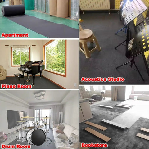 Super Thick Acoustic Foam Roll 11mm High Density Soundproof Cushion Mat in a piano room for soundproofing and vibration dampening.