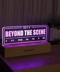 BTS Night Light For ARMY Fans with custom engraved acrylic and 7 RGB color options, Beyond The Scene design, wooden base