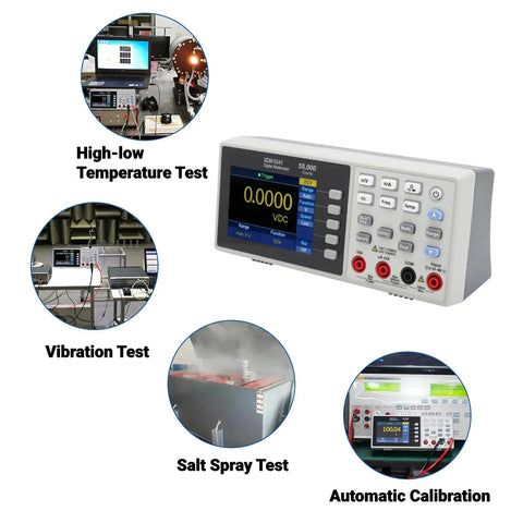 Desktop True RMS Digital Multimeter With 55000 Counts Large LCD Display, US Plug, showing temperature, vibration, salt spray tests