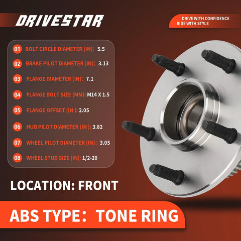 Front Left And Right Wheel Hub And Bearing Pair Direct Fit For Dodge Ram 1500 Pickup 2000 2001 2WD 5 Lug With ABS Replacement Wheel Bearing Assembly Kit featuring visible specifications and tone ring.