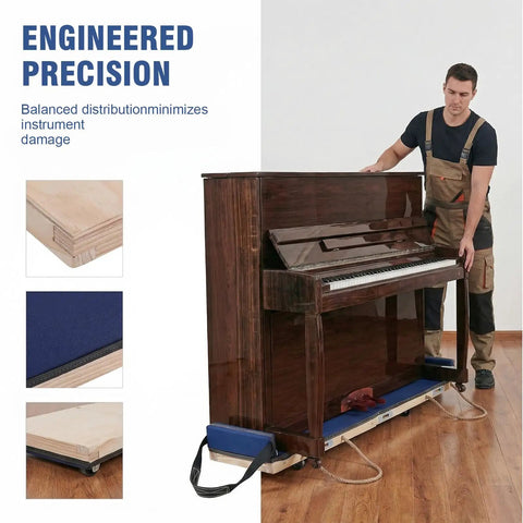 Man moving piano using Piano Moving Pad 6 Ft Heavy Duty Sliders With 1000 Lb Capacity Built On Solid Hardwood Platform 72 In Long By 13 In Wide By 6.3 In Tall Blue Move Pad For Safe, Smooth Instrument Relocation So You Can Move Like A Pro