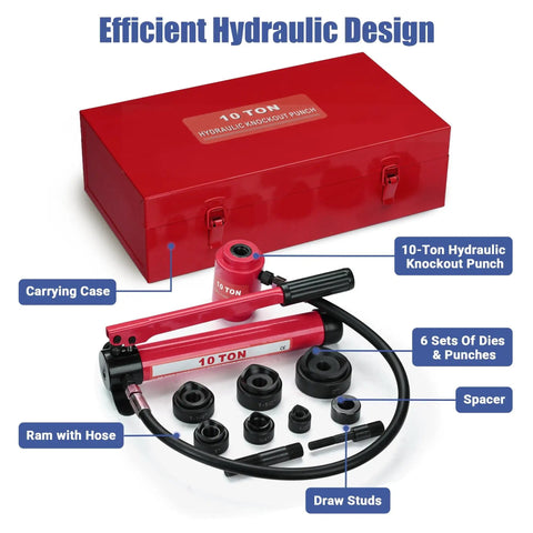 Heavy Duty 10 Ton Hydraulic Knockout Punch Set Rugged Pro Workhorse Handles Half To Two Inch Conduit And Sheet Metal Slick Jobsite Ready Die Kit With Quick Swap Draw Studs