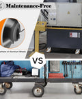 Comparison of maintenance-free industrial caster wheels with brakes on equipment vs standard wheels on workbench.