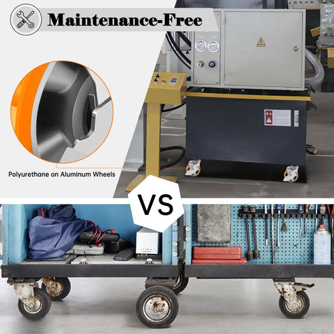 Comparison of maintenance-free industrial caster wheels with brakes on equipment vs standard wheels on workbench.