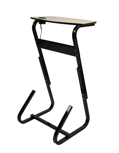 At Home Bike Trainer Desk With USB And AC Power Adjustable Height For Any Bike Easy Clean Laminated Birch Top side view