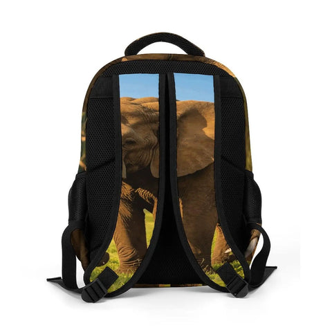 Back view of Savanna Tusked Elephant Printed Unisex Backpack large capacity dope durable polyester with breathable fabric and smooth zipper