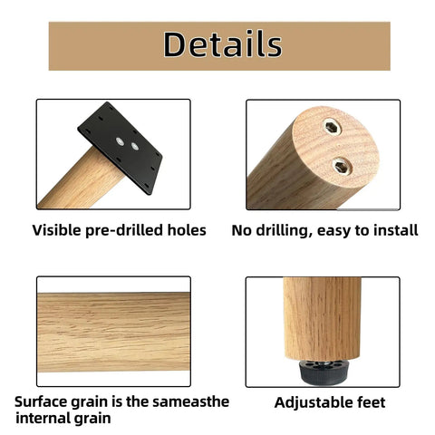 Details of Straight Up Solid 28 Inch Rubber Wood Table Legs Built Tough As Nails, showcasing installation features and adjustable feet.