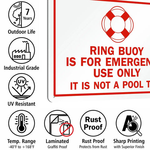 Ring Buoy Emergency Use Only Sign Not A Pool Toy 10 X 14 Aluminum Heavy Duty 40 Mil Rustproof Outdoor with icons for features
