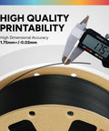 Close-up of PLA Filament 1.75mm 1kg Spool Black with caliper showing high dimensional accuracy of +/- 0.02mm