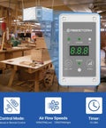 Control panel and installation of 360 Degree Intake Air Filtration System For Woodworking With Built-In Ionizer, 1350 CFM Hanging Air Filter, Dust Collector For Garage Shop, MERV-11 Filter, DecDust 1350IG in a woodshop.