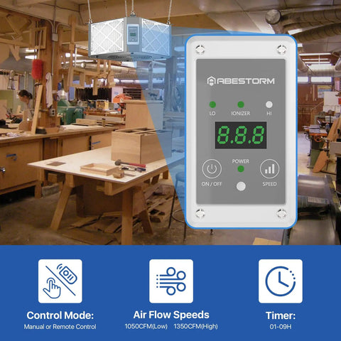 Control panel and installation of 360 Degree Intake Air Filtration System For Woodworking With Built-In Ionizer, 1350 CFM Hanging Air Filter, Dust Collector For Garage Shop, MERV-11 Filter, DecDust 1350IG in a woodshop.