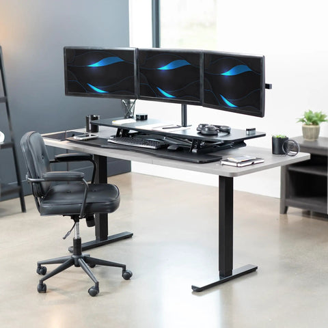 Height Adjustable 48 Inch Standing Desk Converter With Triple Monitor Mount For 21.5 To 27 Inch Screens Up To 15.4 Lbs Each, VESA 75X75 And 100X100 Compatible, Extra Large Desk Riser For Home Office And Work From Home Productivity, Black with triple screen setup