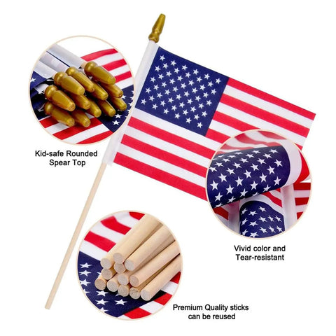 Image of six pack 4x6 inch small American flags on wooden sticks handheld USA flags with kid safe spear top for outdoor use.