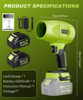 Cordless Leaf Blower Dust Cleaner Portable Handheld With 2x 4.0Ah Batteries 180000 RPM Air Duster Adjustable Speed For Quick Patio Cleaning And Drying Green, shown with batteries and charger.