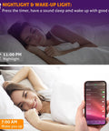 Woman sleeping at night and waking up with phone alarm, illustrating nightlight and wake-up light function.