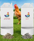 Heavy Gauge Hanging Chicken Grit And Oyster Shell Feeder with spouts for calcium, displayed with chicken in yard.