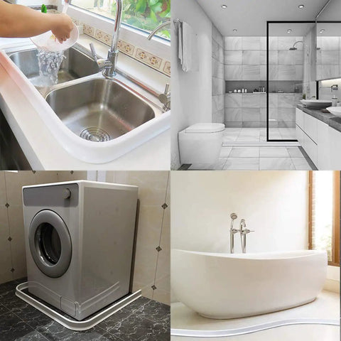Collapsible shower threshold dam used at sinks, bathrooms, laundry, and tubs, 3 Inch Tall Collapsible Shower Threshold Dam.