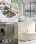 Applications of 3.5 Inch High Collapsible Shower Threshold Water Dam, used around sinks, showers, washing machines, bathtubs.