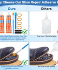 Comparison of All In One Shoe Repair Glue Kit with two 90ml tubes and tools, versus basic glue bottle, highlighting features.