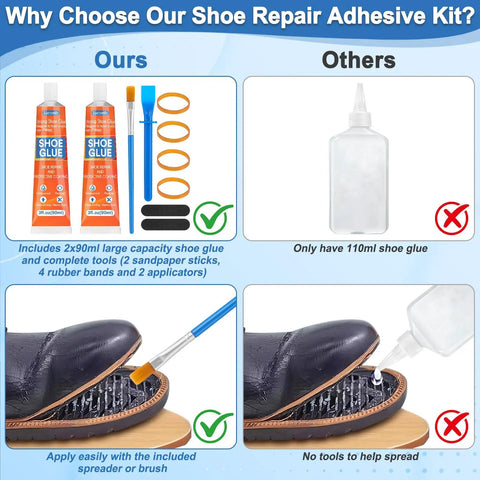 Comparison of All In One Shoe Repair Glue Kit with two 90ml tubes and tools, versus basic glue bottle, highlighting features.