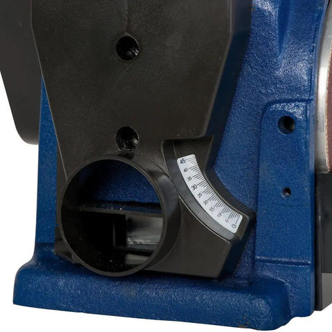 Close-up of Heavy Duty 4-Inch By 36-Inch Belt And 6-Inch Disc Sander With Cast Iron Base, showing angle gauge and part of base.