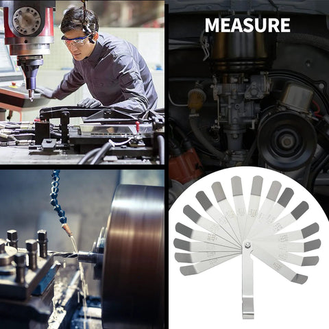 Feeler gauge set: stainless steel blades, 32/26 and 16-blade offset gauge; dual metric/imperial for automotive use